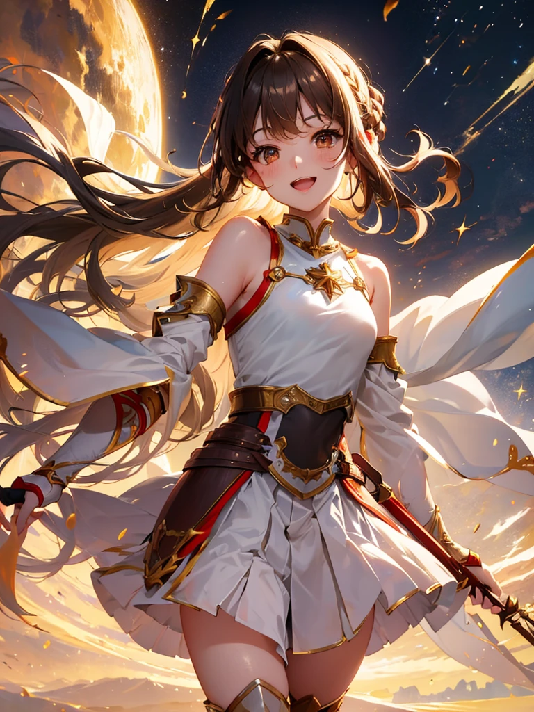 Star, asuna, wide, Brown hair, braid, Brown eyes, bare shoulders, armor, breastplate, white sleeves, separate sleeves, Red skirt, pleated skirt, white thighs, undulation, SMILE, Leaning forward, Open mouth, City, Fancy