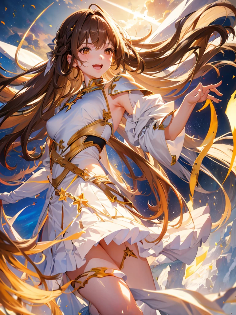 Star, asuna, wide, Brown hair, braid, Brown eyes, bare shoulders, armor, breastplate, white sleeves, separate sleeves, Red skirt, pleated skirt, white thighs, undulation, SMILE, Leaning forward, Open mouth, City, Fancy