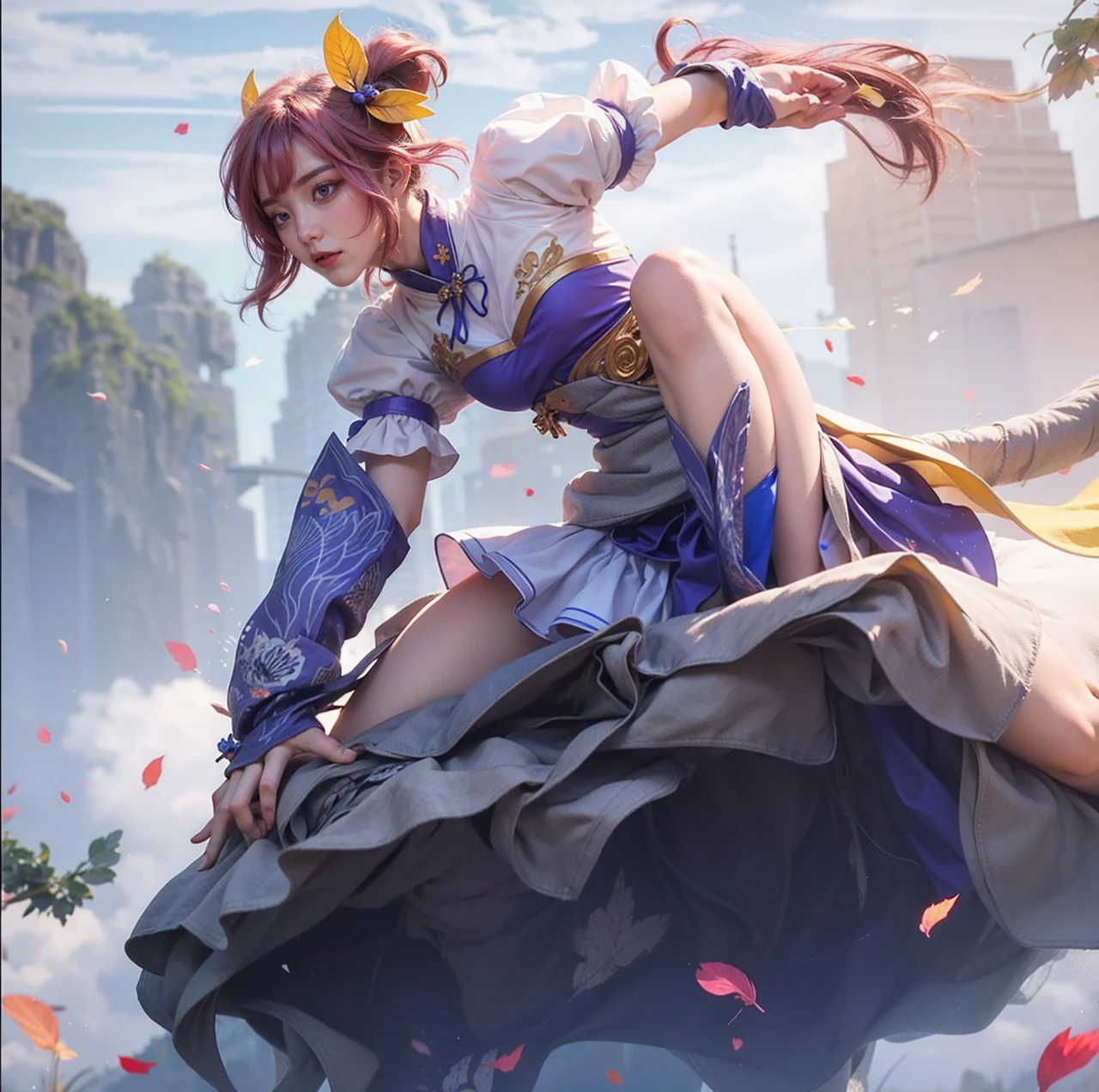 Light pink hair, pink eyes, pink and white, sakura leafs, vivid colors, white dress, paint splash, simple background, ray tracing, wavy hair
