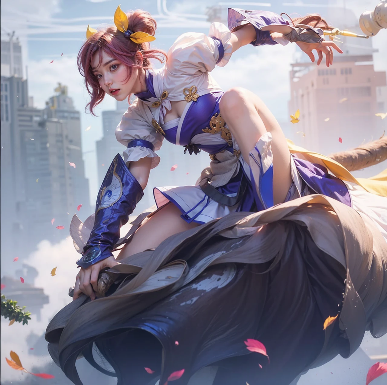 Light pink hair, pink eyes, pink and white, sakura leafs, vivid colors, white dress, paint splash, simple background, ray tracing, wavy hair