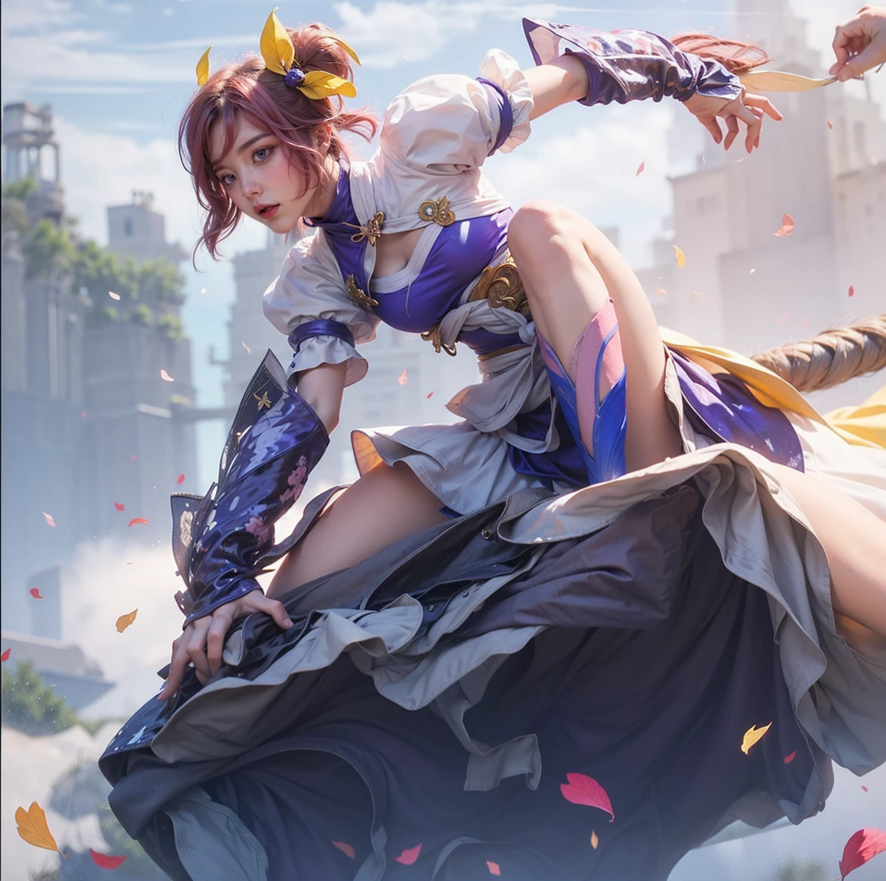 Light pink hair, pink eyes, pink and white, sakura leafs, vivid colors, white dress, paint splash, simple background, ray tracing, wavy hair