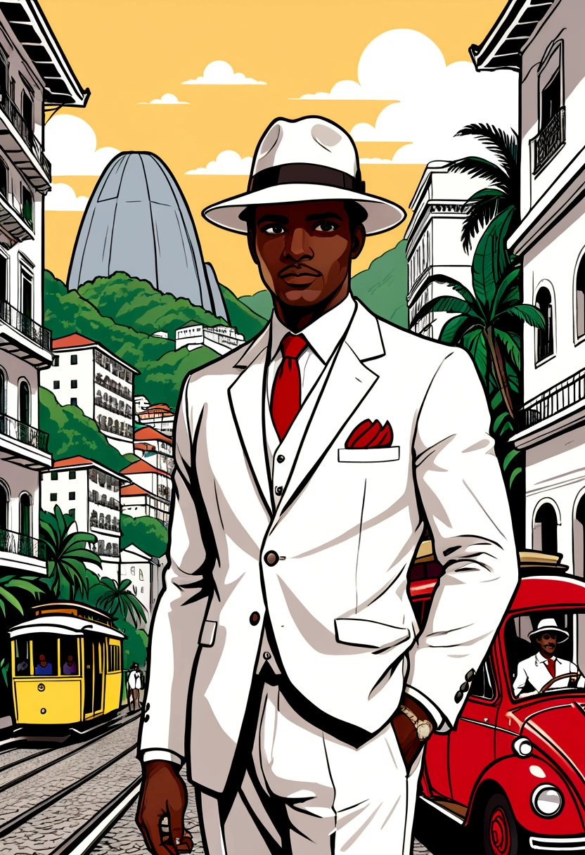 Create a poster image for a retro-themed poster. The art of sketches, pen doodles should have a textured background with pastel colors and a drawing of a black man in a white suit and stylish red tie with a panama hat. Add retro graphic elements from images of Rio de Janeiro such as the lapa arches, cable car, sugar loaf that are tourist attractions in Rio de Janeiro to complement the design.