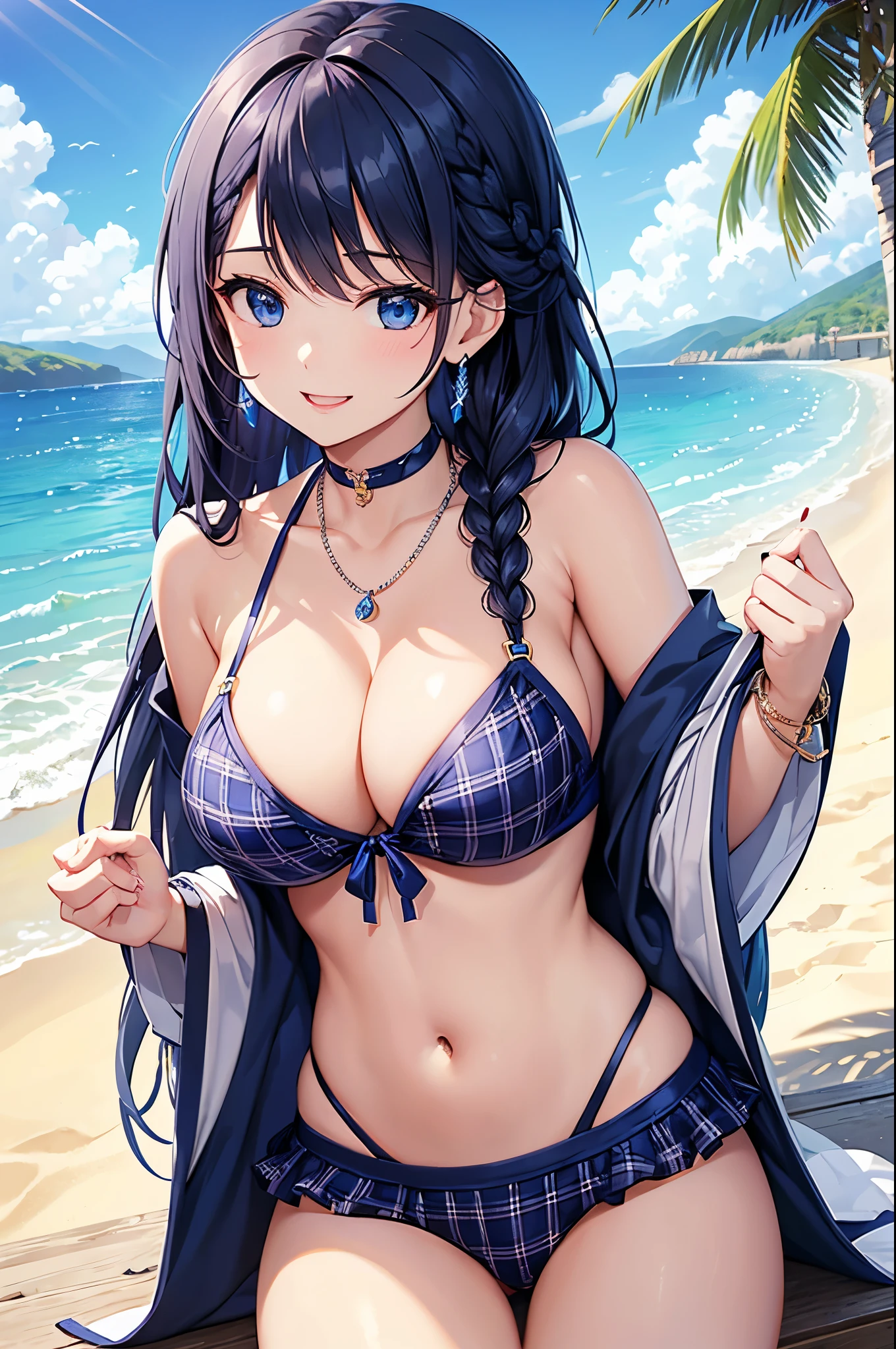 Highest quality、Highest quality、masterpiece、(8K),beauty(Age 25)、Navy blue long hair(Braiding of sides)、blue eyes、Sexy Bikini(Plaid)、Big cleavage、(Big Breasts)、smile、blue necklace、Blue Earrings、background(Beach)、Please open your mouth wide、bracelet、Arch Pose、Blue choker