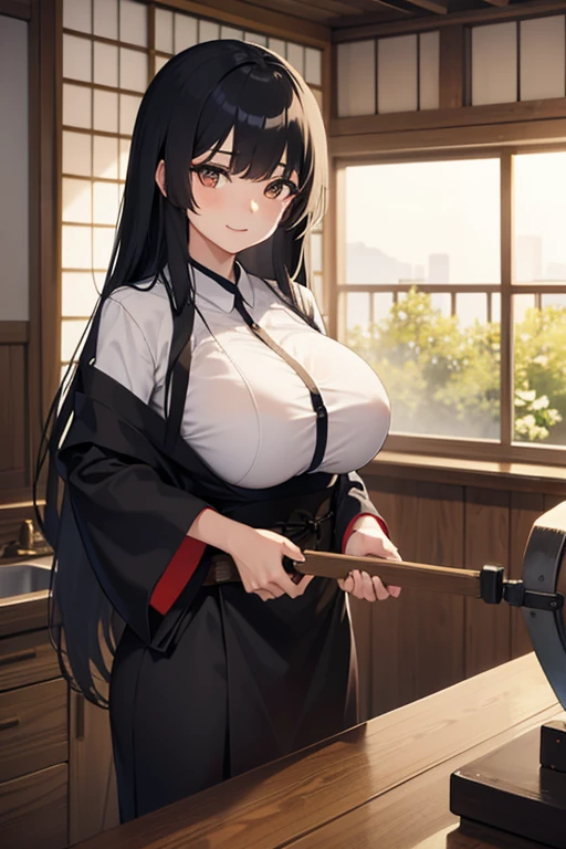 Japanese girl long black hair with bangs big tits, with blacksmith clothes, holding blacksmith tools 