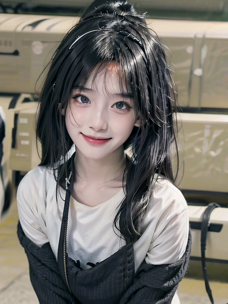 sweet girl with white skin, black eyes, black wavy hair with bangs, casual style clothes, anime blouse wearing cat ear headphones,black background, nothing in the background, looking straight ahead,black eye,realist,smile at camera,with hands up,as if celebrating,all body
