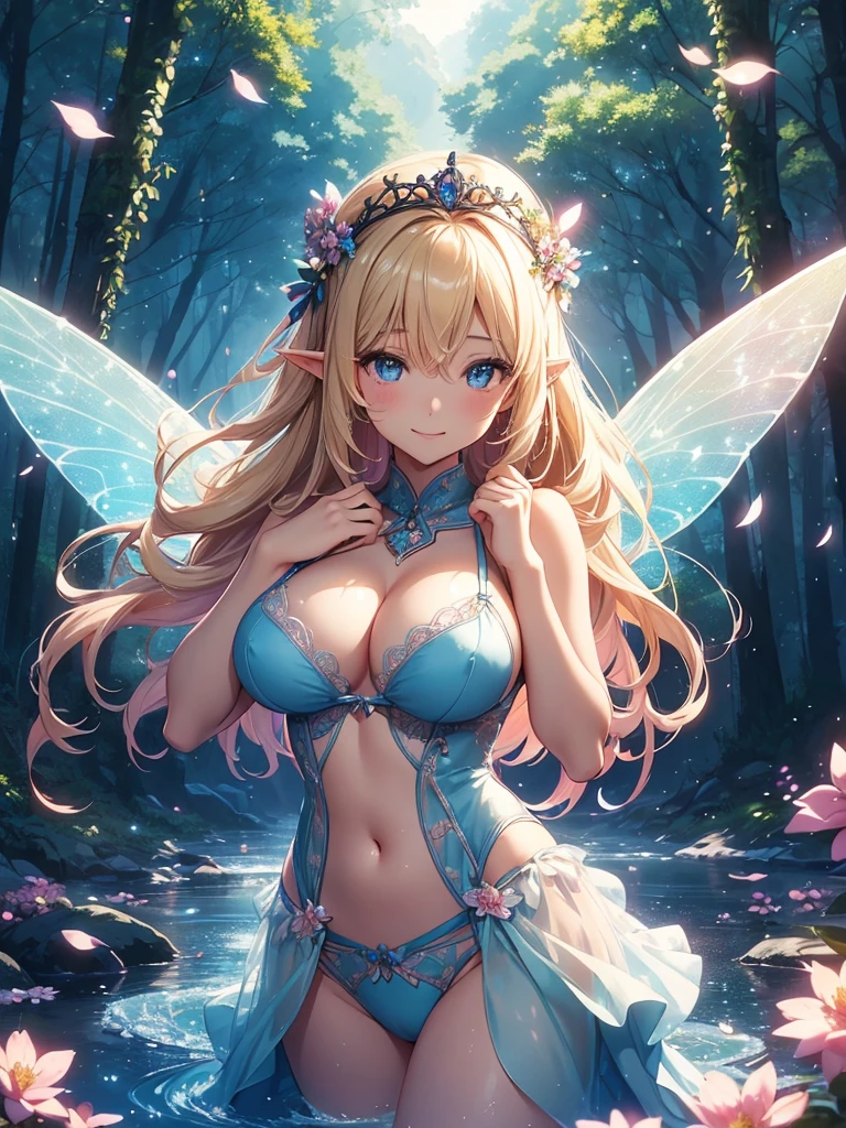 最high quality、1 woman elf on screen 、blonde、On beautiful water、river、wet,sexly, Beautifully decorated bra、Panties、Beautiful foam、、CourtyardShining fairy wings、Flower fractal art　　Beautiful Nature　　Separate swimsuit　、((cowboy shot 　))　　　　、see-throughbodystocking, dress,Beautiful radiance,High-definition depiction, Realistic, 8K, Unity, beautiful Shot, light smile, Beautifully and vividly drawn, , Beautiful forest, beautiful, clear skin、sexly,beautiful underwear,Countless rays of light pouring down, Swirling Light, Raise one arm above your head, Intense light is emitted from the magic circle in front of the girl.   flower、Particles of light、 Fairy tale、水の中を泳いでいる
Romanticism,Cowboy Shot: The most beautiful form of chaos, Mr..々colour, Intertwined flowers, Particle,magical gentle light,smile,sexly,image quality、masterpiece、Beautiful Face、Super beautiful elf woman((Big breasted 22 year old office lady、Bust 100,Beautiful long ironed hair 、bionde hair,height: 165cm。ANDsbian、、high quality、、Visual art、Written boundary depth、、ANDlf ANDars、、universe、Happy smile、gentle light、ANDlf forest、elegant、ticker beautiful decorative、、magic、forest、beautiful tiara、Beautiful bed、Beautiful Landscape、A kind smile、wonderful、Fluttering petals、Dance happily、、Cultivate fantasy、art,mystery,Ultra-high resolution,atmosphere A colorful and dreamy anime-style illustration of a young girl with beautiful hair,Beautiful . surrounded by a kaleidoscope of colors and glowing lights. 
BREAK,
(1 woman, solo:1.5),
BREAK,
beautiful eyes,blue eyes,big breasts,
BREAK,

,(voluptuous pose:1.1),
Beautiful river、In the water、