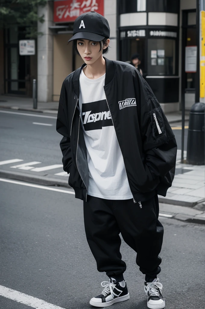 175cm tall and thin Japanese male，short black hair,Street style,Black printed T-shirt,Oversized black jeans,Oversized gray bomber jacket,Black hat,Black high-top sneakers,Black backpack,Stylish style,Stand in the street,Mystery,Full of confidence,shadowed impression,A bit scary appearance,
