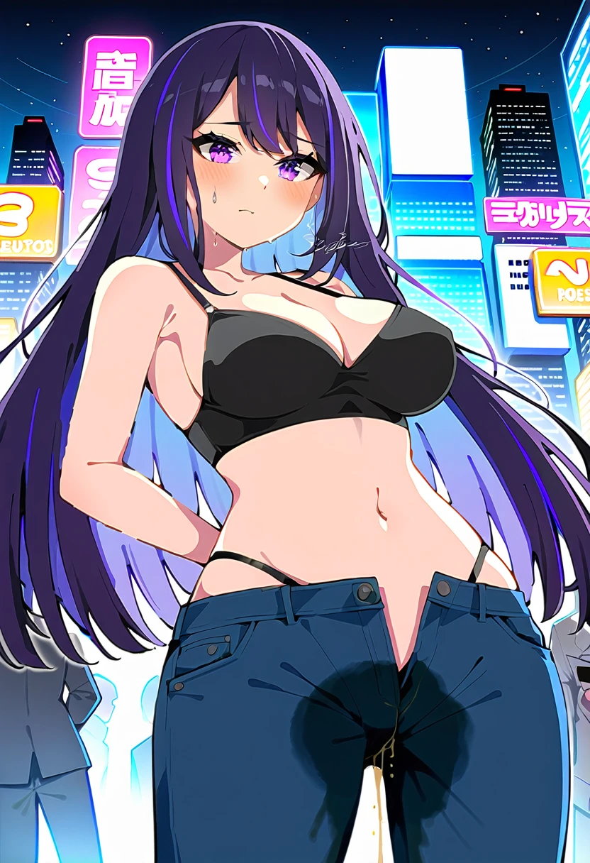 (masterpiece:1.37), best quality, (extremely detailed:1.37), woman, (mature:1.5), (adult:1.5), large breasts, very long hair, (straight hair:1.5), dark purple hair, purple eyes, (extremely detailed eyes:1.37), crop top, cleavage, navel, groin, jeans, desperation, (wetting self:1.5), standing, embarrassed, humiliation, blushing, angry, city, futuristic, neon lighting, high-tech, street