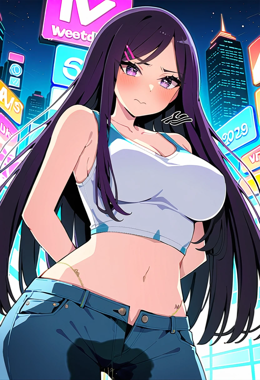 (masterpiece:1.37), best quality, (extremely detailed:1.37), woman, (mature:1.5), (adult:1.5), large breasts, very long hair, (straight hair:1.5), dark purple hair, purple eyes, (extremely detailed eyes:1.37), crop top, cleavage, navel, groin, jeans, desperation, (wetting self:1.5), standing, embarrassed, humiliation, blushing, angry, city, futuristic, neon lighting, high-tech, street