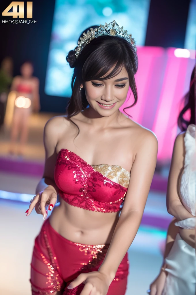 A beautiful Indonesian woman, 2 Indonesian women in transparent mini dresses, 2 Indonesian women in g-string bikinis, smiling, facing the viewer, high heels, bangs hairstyle, red nail polish, earrings, standing at the wedding event, (best quality,4k,8k,highres,masterpiece:1.2),ultra-detailed,(realistic,photorealistic,photo-realistic:1.37),vibrant colors,dramatic lighting,intricate details,elegant,sensual,fashionable