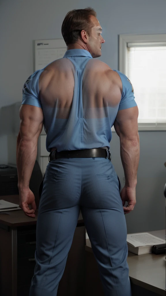 back view, homoerotic (Christopher Meloni) next to a desk, barred windows, blue-color, seductive pose, open clothes, shirt, belt, pants, baton, badge, ass, muscular ass, glutes, biceps