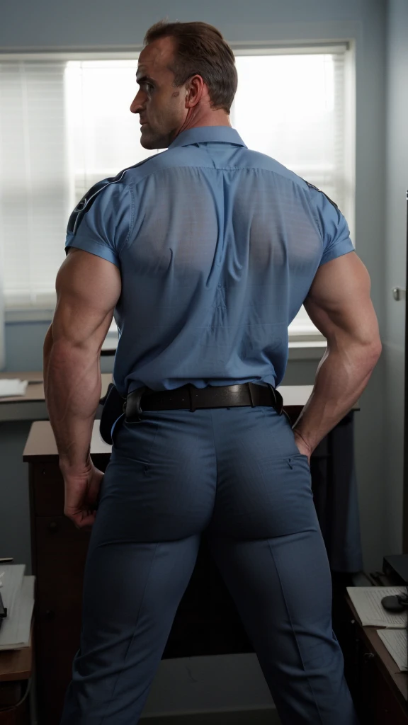back view, homoerotic (Christopher Meloni) next to a desk, barred windows, blue-color, seductive pose, open clothes, shirt, belt, pants, baton, badge, ass, muscular ass, glutes, biceps