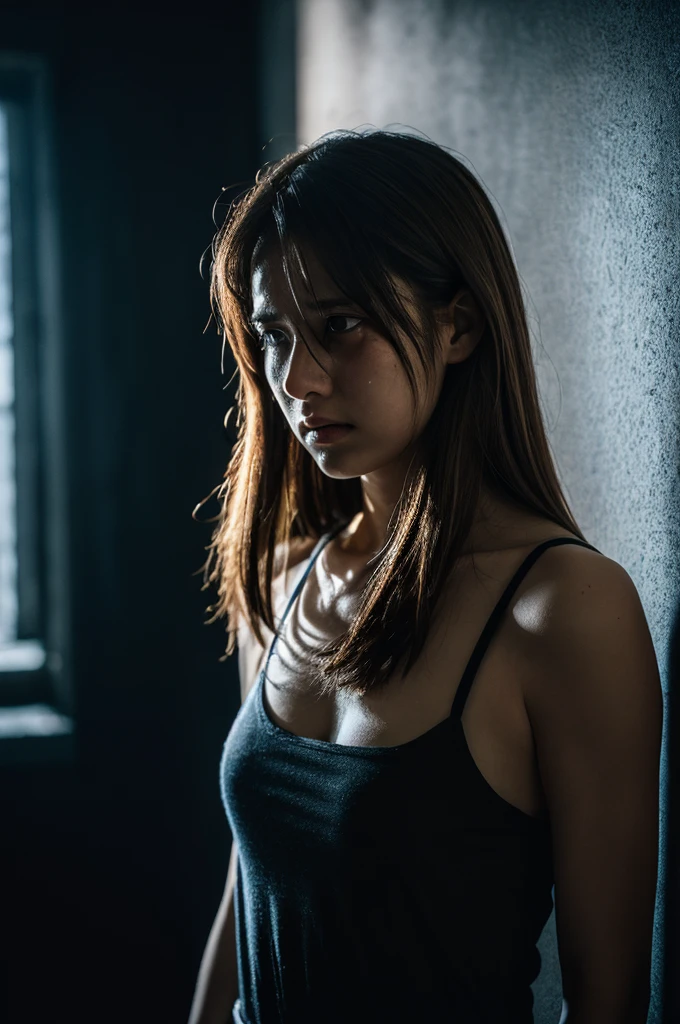 (Front Focus), (In the Dark:1.6), Photo Real, Dynamic Lighting, Poster, Volumetric lighting, Highly detailed face, 4k yen, Awards, One girl, In my room, Deep Shadow, Modest, Cowboy Shot, Tank top、Long Hair, Brown Hair、Sad face、Sad expression、Are crying