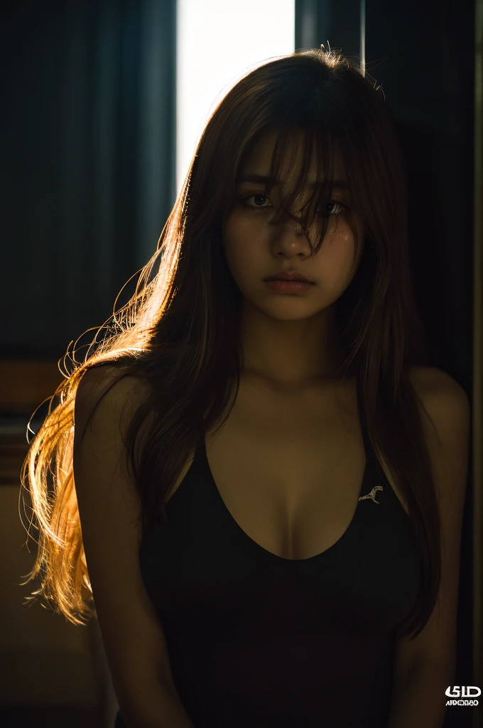 (Front Focus), (In the Dark:1.6),  Photo Real, Dynamic Lighting, Poster, Volumetric lighting, Highly detailed face, 4k yen, Awards, One girl, In my room, Deep Shadow, Modest, Cowboy Shot, Tank top、Long Hair, Brown Hair、Sad face、Sad expression、Are crying