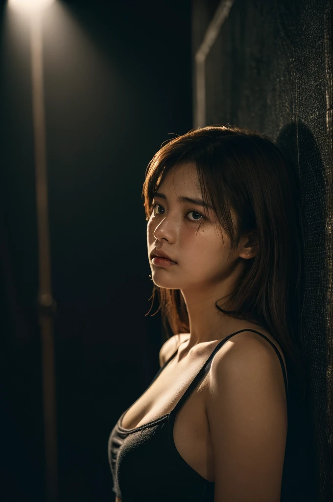 (Front Focus), (In the Dark:1.6), Photo Real, Dynamic Lighting, Poster, Volumetric lighting, Highly detailed face, 4k yen, Awards, One girl, In my room, Deep Shadow, Modest, Cowboy Shot, Tank top、Long Hair, Brown Hair、Sad face、Sad expression、Are crying