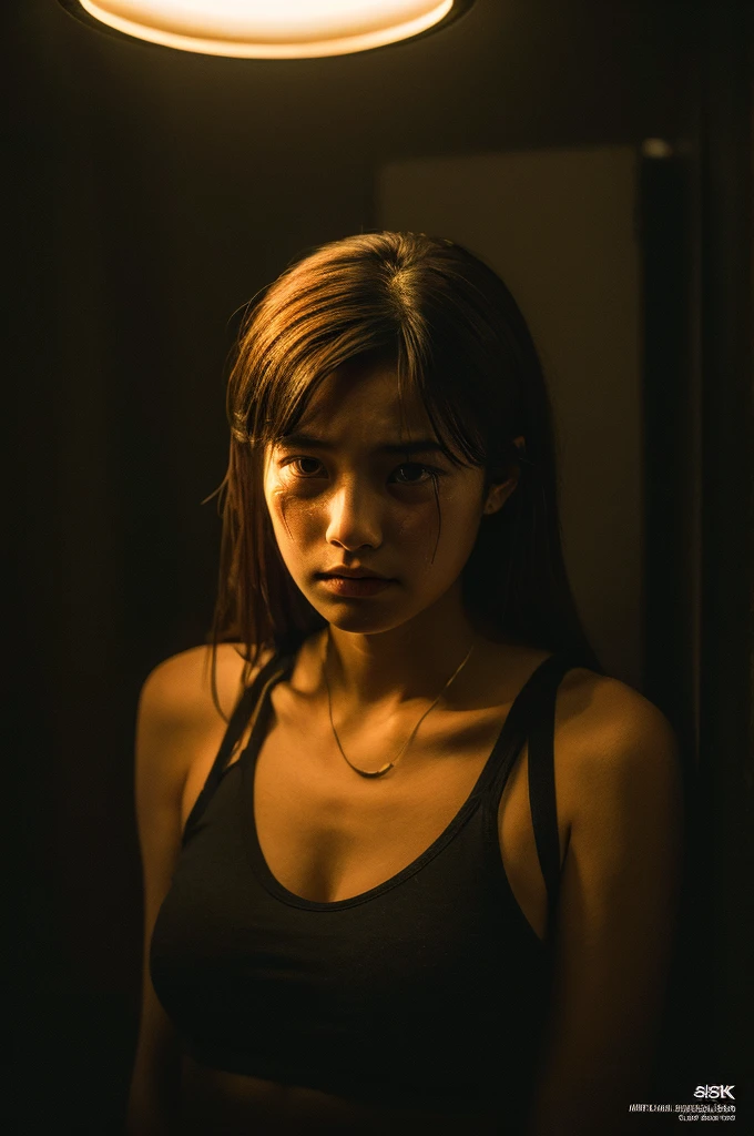 (Front Focus), (In the Dark:1.6),  Photo Real, Dynamic Lighting, Poster, Volumetric lighting, Highly detailed face, 4k yen, Awards, One girl, In my room, Deep Shadow, Modest, Cowboy Shot, Tank top、Long Hair, Brown Hair、Sad face、Sad expression、Are crying