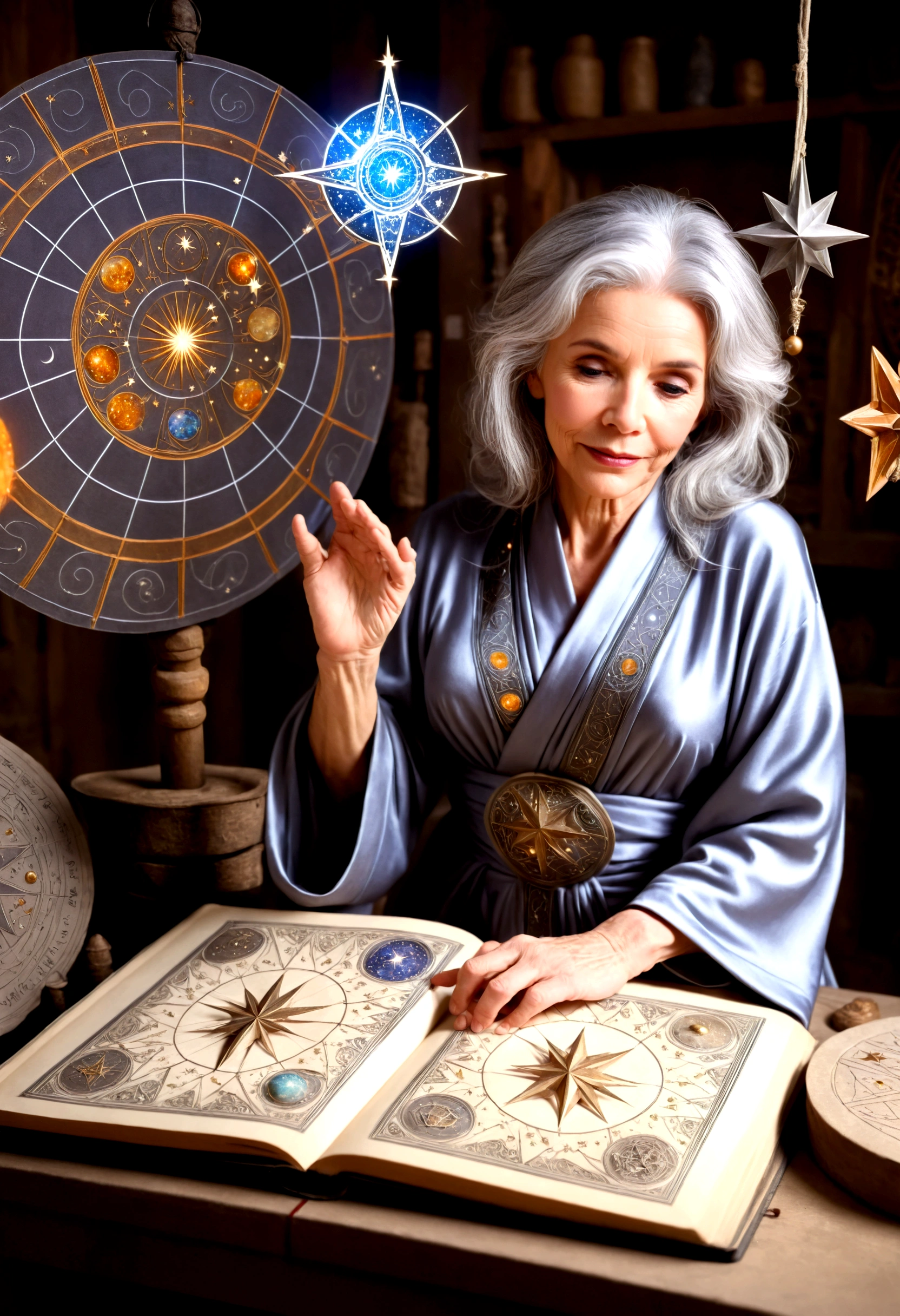 A cute gray haired woman (mystical robes with intricate star designs) is in her workshop with many star observation tools and a huge tome of astrological signs before her