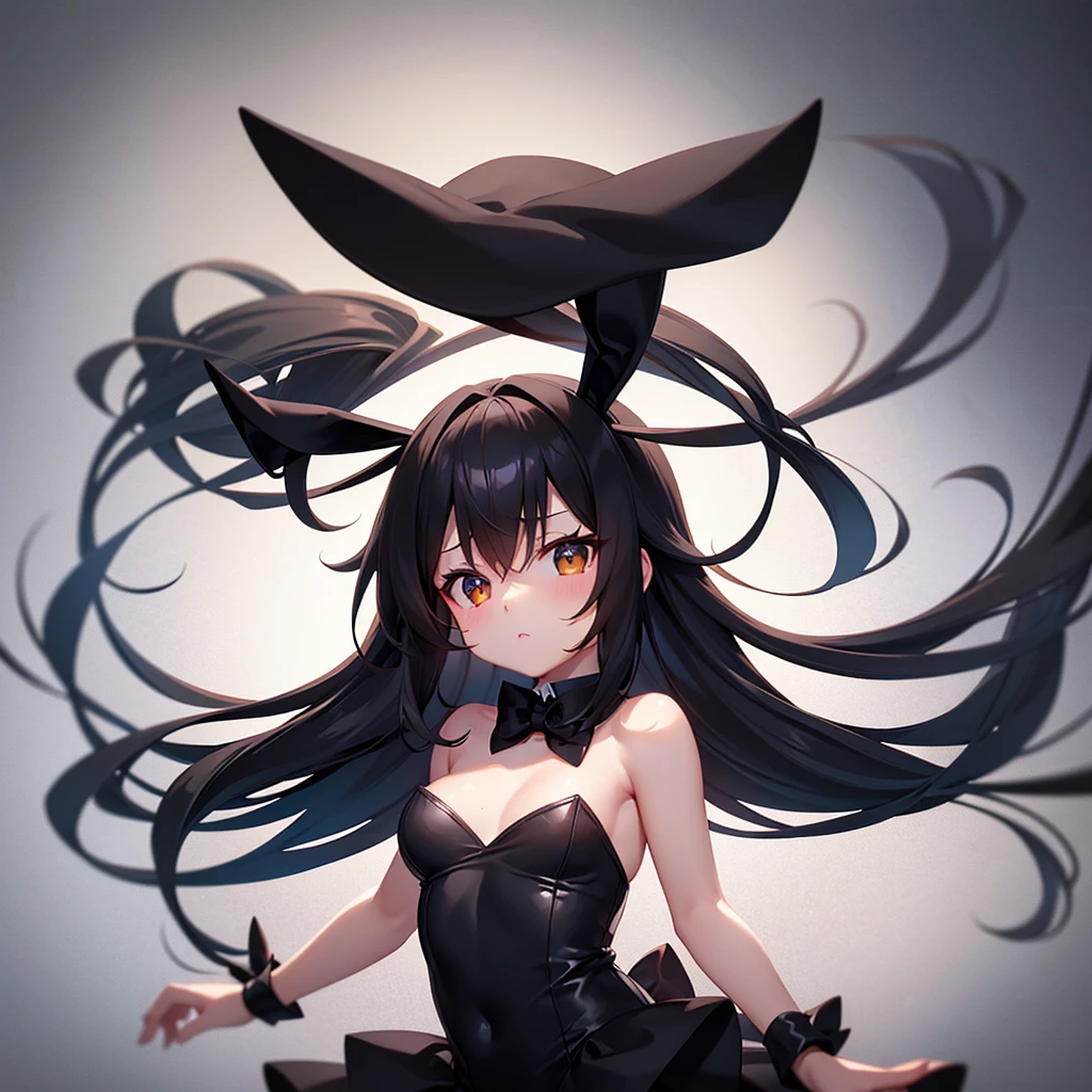 (Bunny girl),Dropped ears,Cute little ,Tiny ,Small girl,,Childish face, Very fine clean face,Top quality,Black Hair,(Dark Room), Subtle light, Natural light,Soft lighting,Light from directly behind, (Are standing),With bust up,Front view,Black background