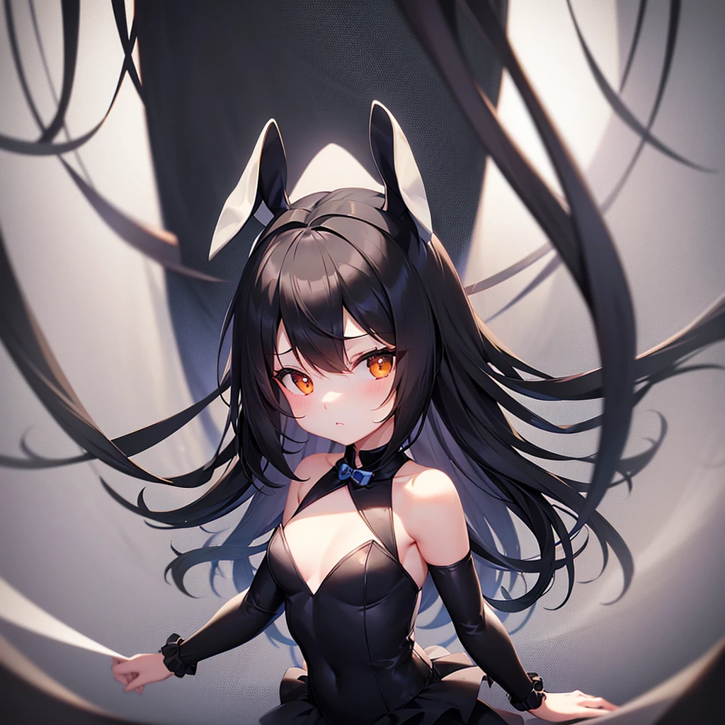 (Bunny girl),Cute little ,Tiny ,Small girl,,Childish face, Very fine clean face,Top quality,Black Hair,(Dark Room), Subtle light, Natural light,Soft lighting,Light from directly behind, (Are standing),With bust up,Front view,Black background