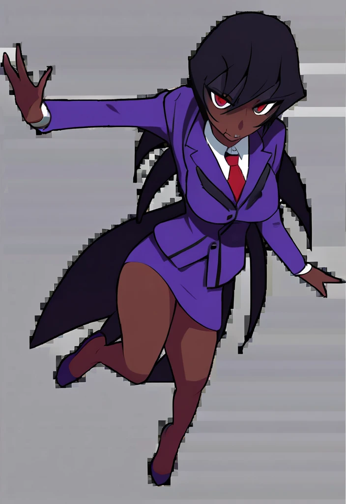 Make a evil military black anime woman in a purple skirt suit witha tie on full body