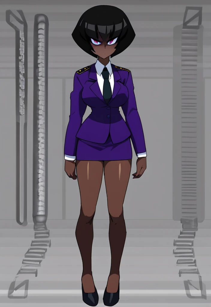 Make a evil military black anime woman in a purple skirt suit witha tie on full body