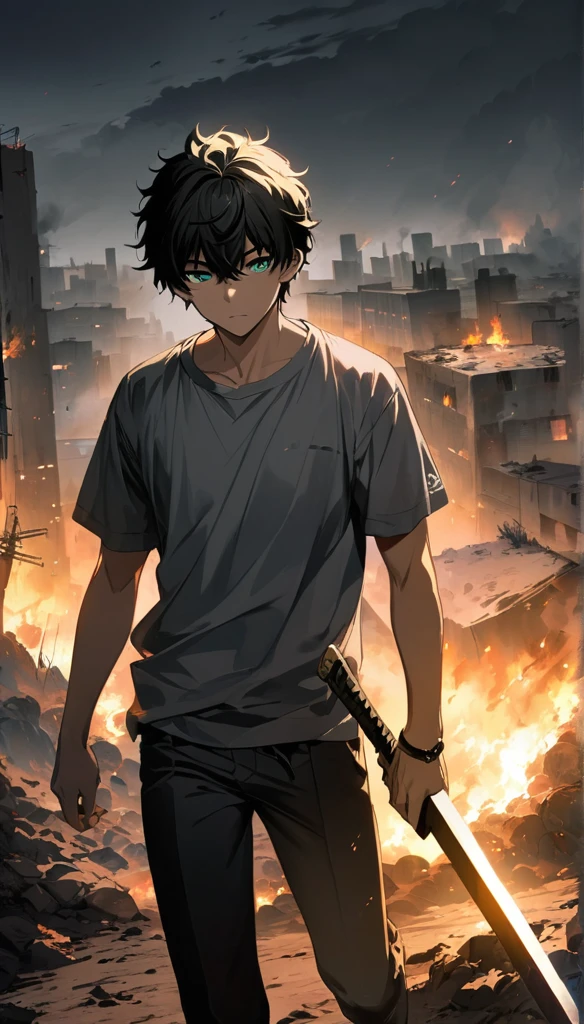 Resolution full, best quality, masterpiece, full HD, foggy theme, super detailed, 1boy, young boy. oreki hotarou. Black hair, detailed beautiful Aqua eyes, grey T - shirt. Long black pants. in wasteland, in burning city, holding glowing sword, shadows surroundings boy, has a lighting power