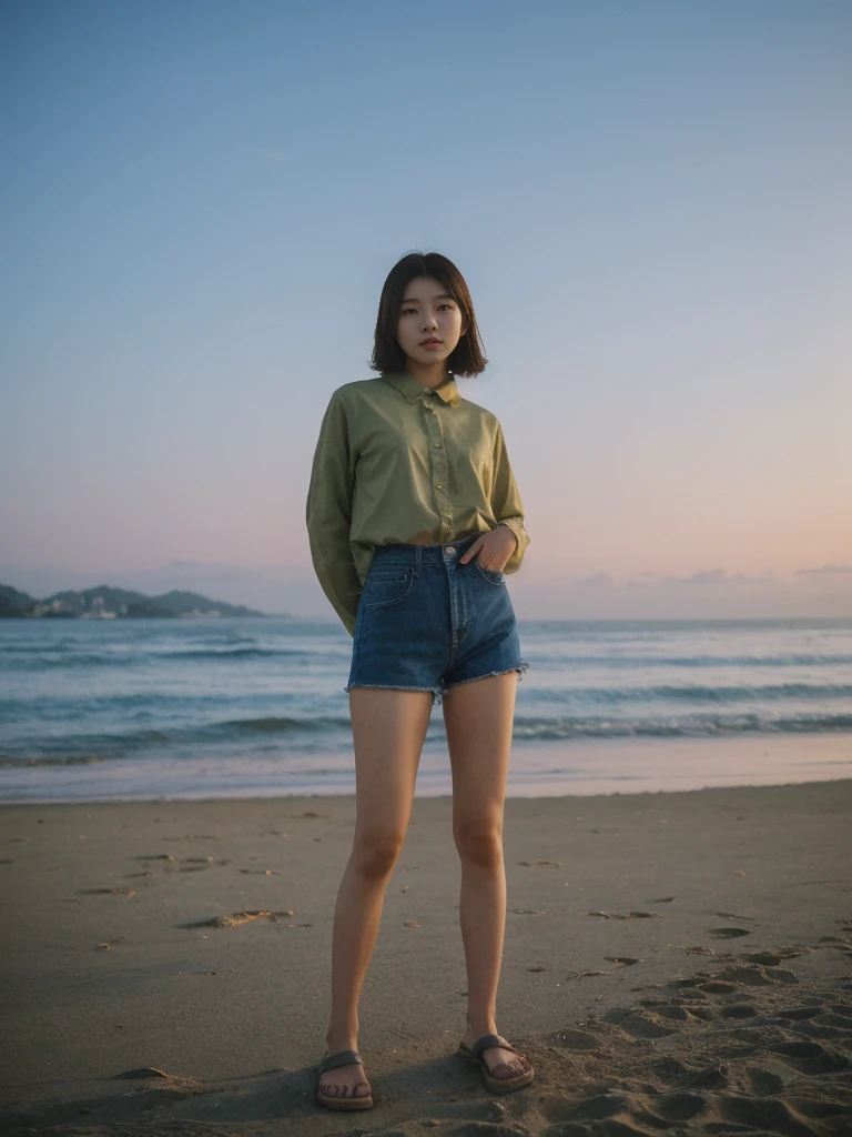 her name is Asako, high quality, 1girl, ((20-year-old fit Caucasian woman)), ((20 years old)), ((slim)), ((Korean Short Bob)), pose: standing, wearing Contemporary Generation-Z modern wear different colored, BACKGROUND:"At Copacabana Beach, with the moonlight shimmering on the waves and lively night spots along the shore."