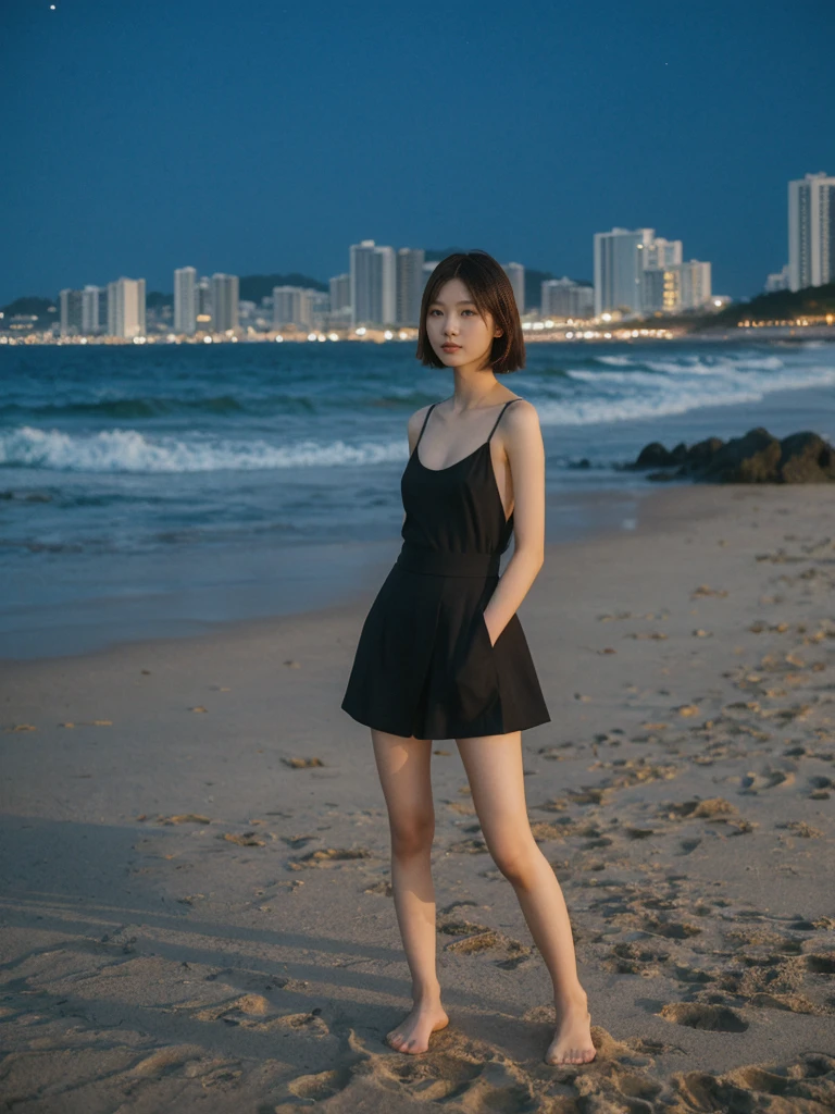 her name is Asako, high quality, 1girl, ((20-year-old fit Caucasian woman)), ((20 years old)), ((slim)), ((Korean Short Bob)), pose: standing, wearing Contemporary Generation-Z modern wear different colored, BACKGROUND:"At Copacabana Beach, with the moonlight shimmering on the waves and lively night spots along the shore."
