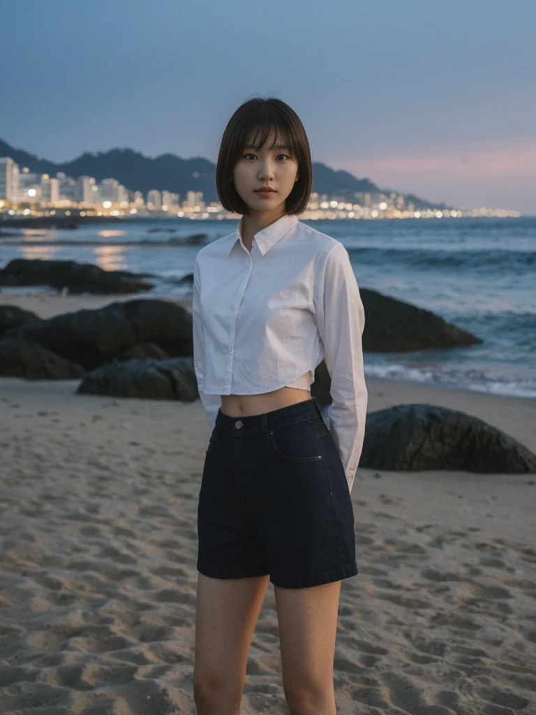 her name is Asako, high quality, 1girl, ((20-year-old fit Caucasian woman)), ((20 years old)), ((slim)), ((Korean Short Bob)), pose: standing, wearing Contemporary Generation-Z modern wear different colored, BACKGROUND:"At Copacabana Beach, with the moonlight shimmering on the waves and lively night spots along the shore."