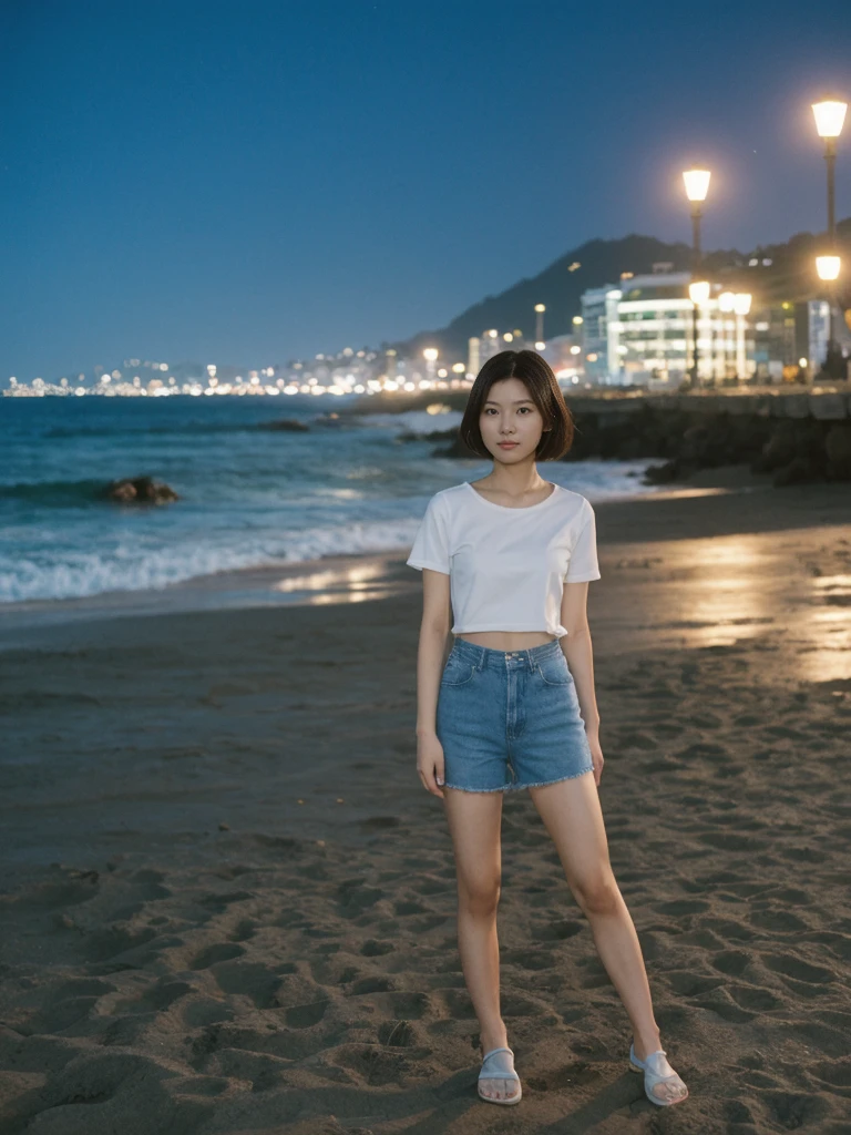 her name is Asako, high quality, 1girl, ((20-year-old fit Caucasian woman)), ((20 years old)), ((slim)), ((Korean Short Bob)), pose: standing, wearing Contemporary Generation-Z modern wear different colored, BACKGROUND:"At Copacabana Beach, with the moonlight shimmering on the waves and lively night spots along the shore."