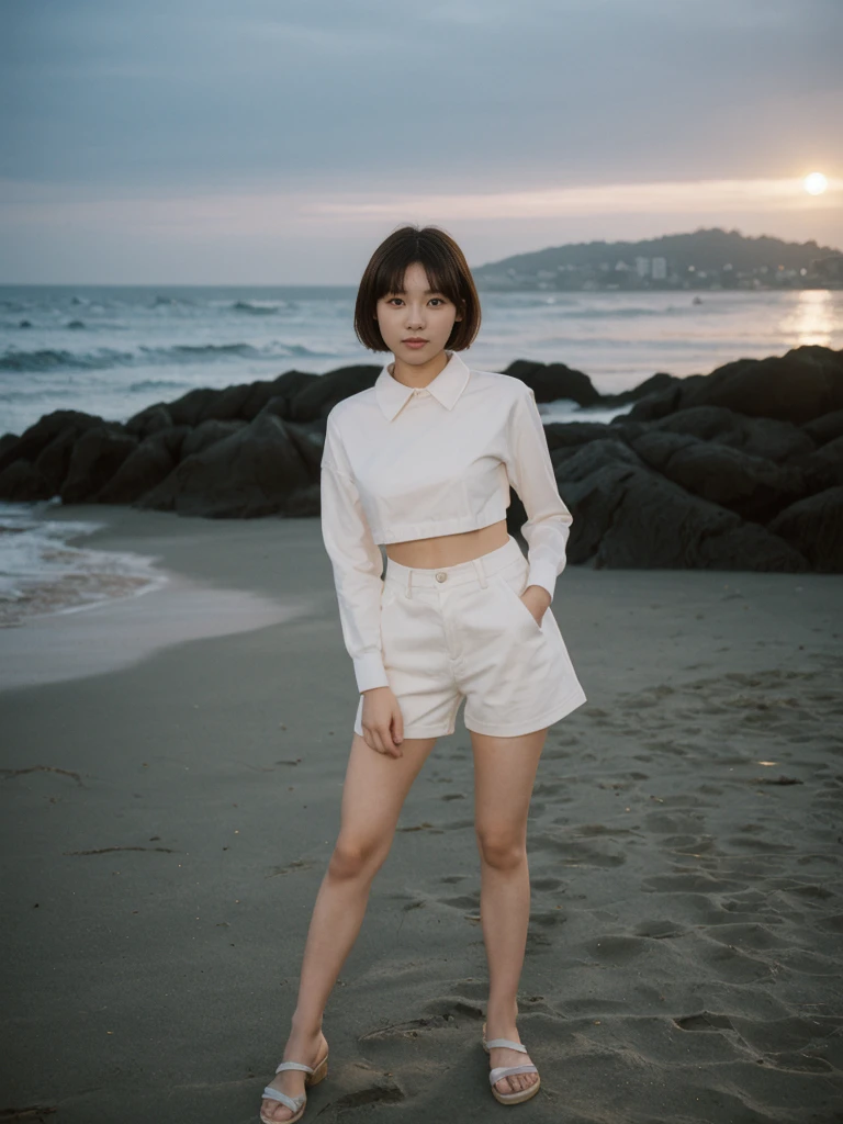 her name is Asako, high quality, 1girl, ((20-year-old fit Caucasian woman)), ((20 years old)), ((slim)), ((Korean Short Bob)), pose: standing, wearing Contemporary Generation-Z modern wear different colored, BACKGROUND:"At Copacabana Beach, with the moonlight shimmering on the waves and lively night spots along the shore."