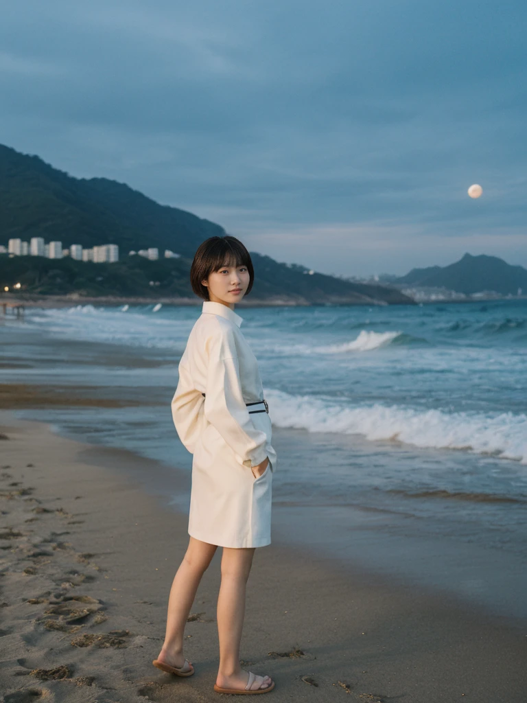 her name is Asako, high quality, 1girl, ((20-year-old fit Caucasian woman)), ((20 years old)), ((slim)), ((Korean Short Bob)), pose: standing, wearing Contemporary Generation-Z modern wear different colored, BACKGROUND:"At Copacabana Beach, with the moonlight shimmering on the waves and lively night spots along the shore."