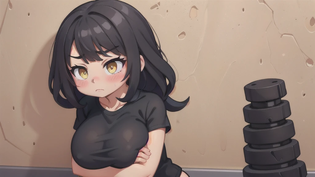muscular girl huge breasts against wall black hair yellow eyes frown sad blushing tight red shirt muscular muscular
