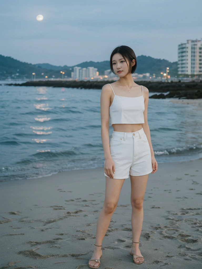 her name is Asako, high quality, 1girl, ((20-year-old fit Caucasian woman)), ((20 years old)), ((slim)), ((Korean Short Bob)), pose: standing, wearing Contemporary Generation-Z modern wear different colored, BACKGROUND:"At Copacabana Beach, with the moonlight shimmering on the waves and lively night spots along the shore."