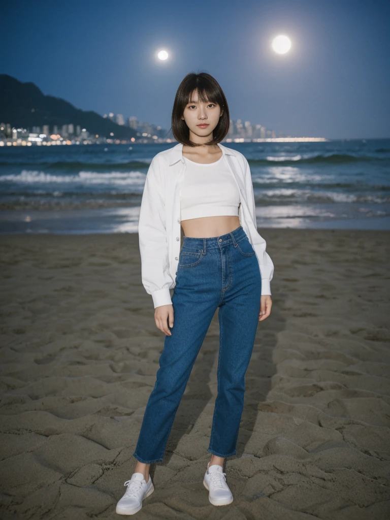 her name is Asako, high quality, 1girl, ((20-year-old fit Caucasian woman)), ((20 years old)), ((slim)), ((Korean Short Bob)), pose: standing, wearing Contemporary Generation-Z modern wear different colored, BACKGROUND:"At Copacabana Beach, with the moonlight shimmering on the waves and lively night spots along the shore."
