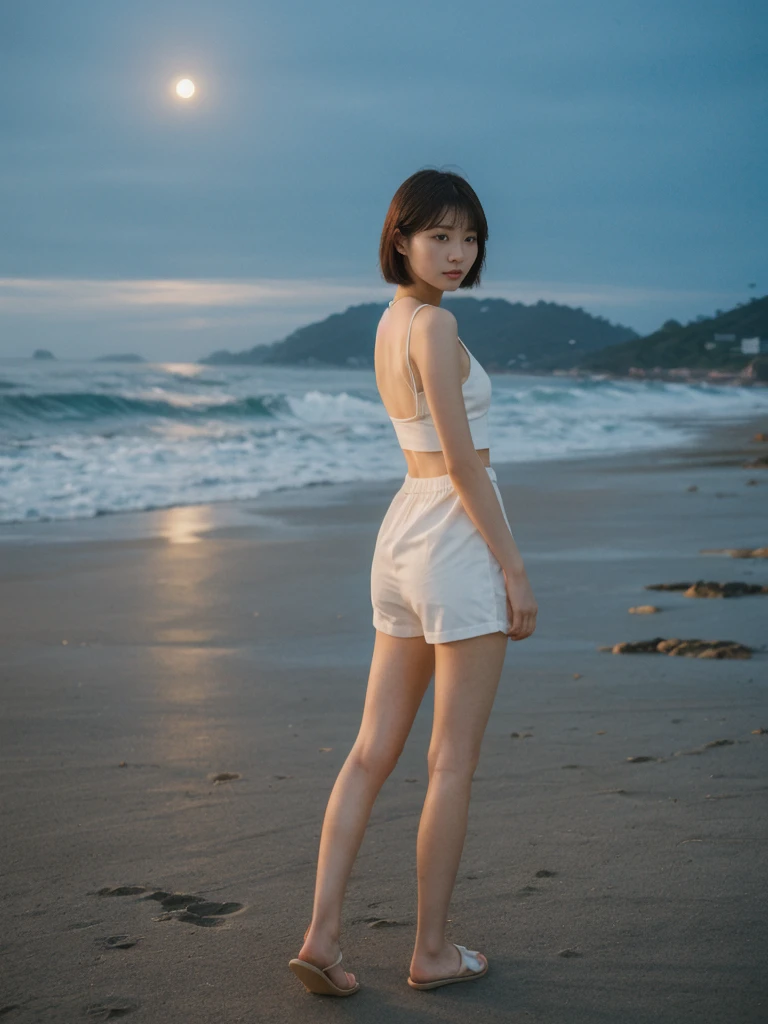 her name is Asako, high quality, 1girl, ((20-year-old fit Caucasian woman)), ((20 years old)), ((slim)), ((Korean Short Bob)), pose: standing, wearing Contemporary Generation-Z modern wear different colored, BACKGROUND:"At Copacabana Beach, with the moonlight shimmering on the waves and lively night spots along the shore."
