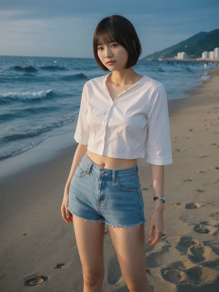 her name is Asako, high quality, 1girl, ((20-year-old fit Caucasian woman)), ((20 years old)), ((slim)), ((Korean Short Bob)), pose: standing, wearing Contemporary Generation-Z modern wear different colored, BACKGROUND:"At Copacabana Beach, with the moonlight shimmering on the waves and lively night spots along the shore."