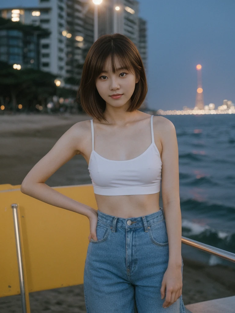 her name is Asako, high quality, 1girl, ((20-year-old fit Caucasian woman)), ((20 years old)), ((slim)), ((Korean Short Bob)), pose: standing, wearing Contemporary Generation-Z modern wear different colored, BACKGROUND:"At Copacabana Beach, with the moonlight shimmering on the waves and lively night spots along the shore."