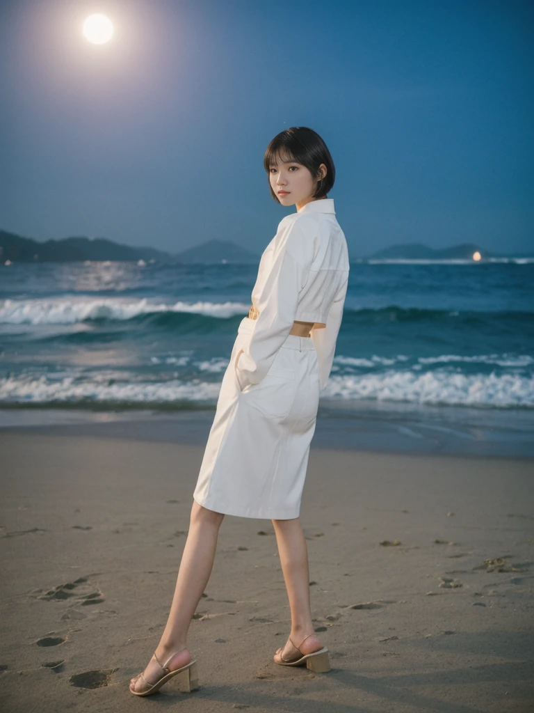 her name is Asako, high quality, 1girl, ((20-year-old fit Caucasian woman)), ((20 years old)), ((slim)), ((Korean Short Bob)), pose: standing, wearing Contemporary Generation-Z modern wear different colored, BACKGROUND:"At Copacabana Beach, with the moonlight shimmering on the waves and lively night spots along the shore."