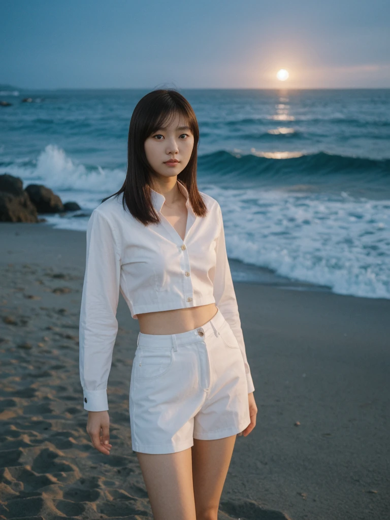 her name is Asako, high quality, 1girl, ((20-year-old fit Caucasian woman)), ((20 years old)), ((slim)), ((Korean Short Bob)), pose: standing, wearing Contemporary Generation-Z modern wear different colored, BACKGROUND:"At Copacabana Beach, with the moonlight shimmering on the waves and lively night spots along the shore."