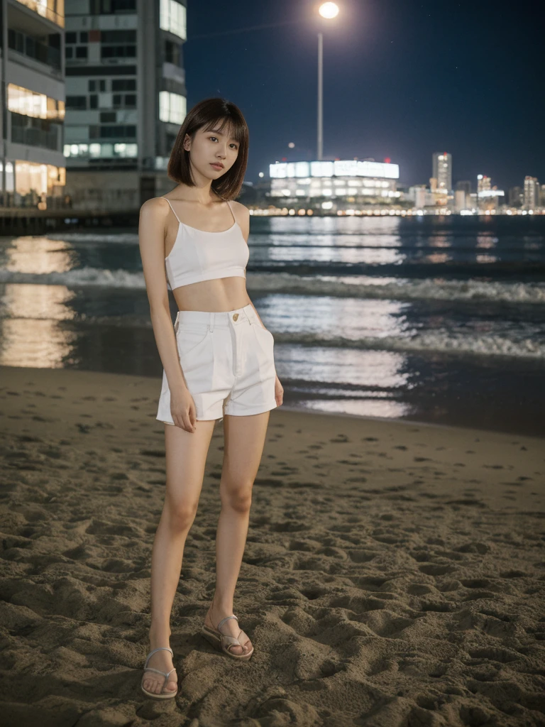 her name is Asako, high quality, 1girl, ((20-year-old fit Caucasian woman)), ((20 years old)), ((slim)), ((Korean Short Bob)), pose: standing, wearing Contemporary Generation-Z modern wear different colored, BACKGROUND:"At Copacabana Beach, with the moonlight shimmering on the waves and lively night spots along the shore."