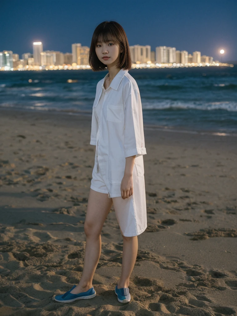 her name is Asako, high quality, 1girl, ((20-year-old fit Caucasian woman)), ((20 years old)), ((slim)), ((Korean Short Bob)), pose: standing, wearing Contemporary Generation-Z modern wear different colored, BACKGROUND:"At Copacabana Beach, with the moonlight shimmering on the waves and lively night spots along the shore."