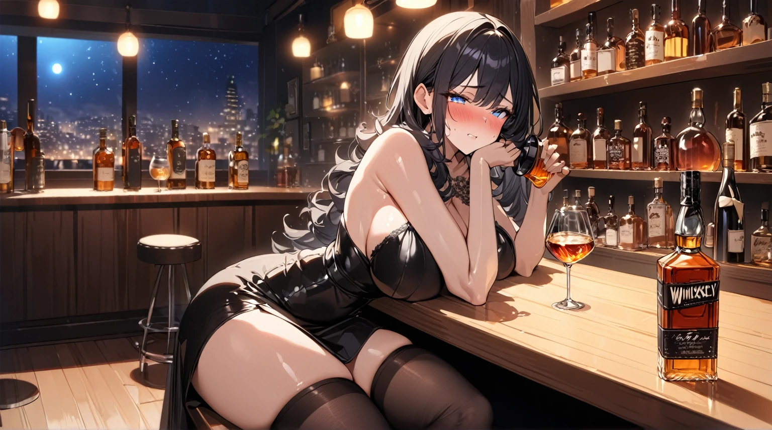 best quality, 4K, high resolution, masterpiece:1.2, Extremely detailed),Sad expression looking at the camera,Large Breasts,30 years old girl,独奏,black hair,long hair,blue eyes,(drunk,blush),sitting,drinking,((Mature sexy body)),Black stockings,Black tight skirt, Mature sexy body,holding mug,counter,pub,(Fashion bar) indoors, ((Cocktail Glass) Full of colorful wine), (dimly light room), Wine Bottle, Detailed background,Fluffy hair,((((Night scene background))))), (((at the bar))), wine, whiskey, High ball,(Shiny and glowing, Effect:1.2)