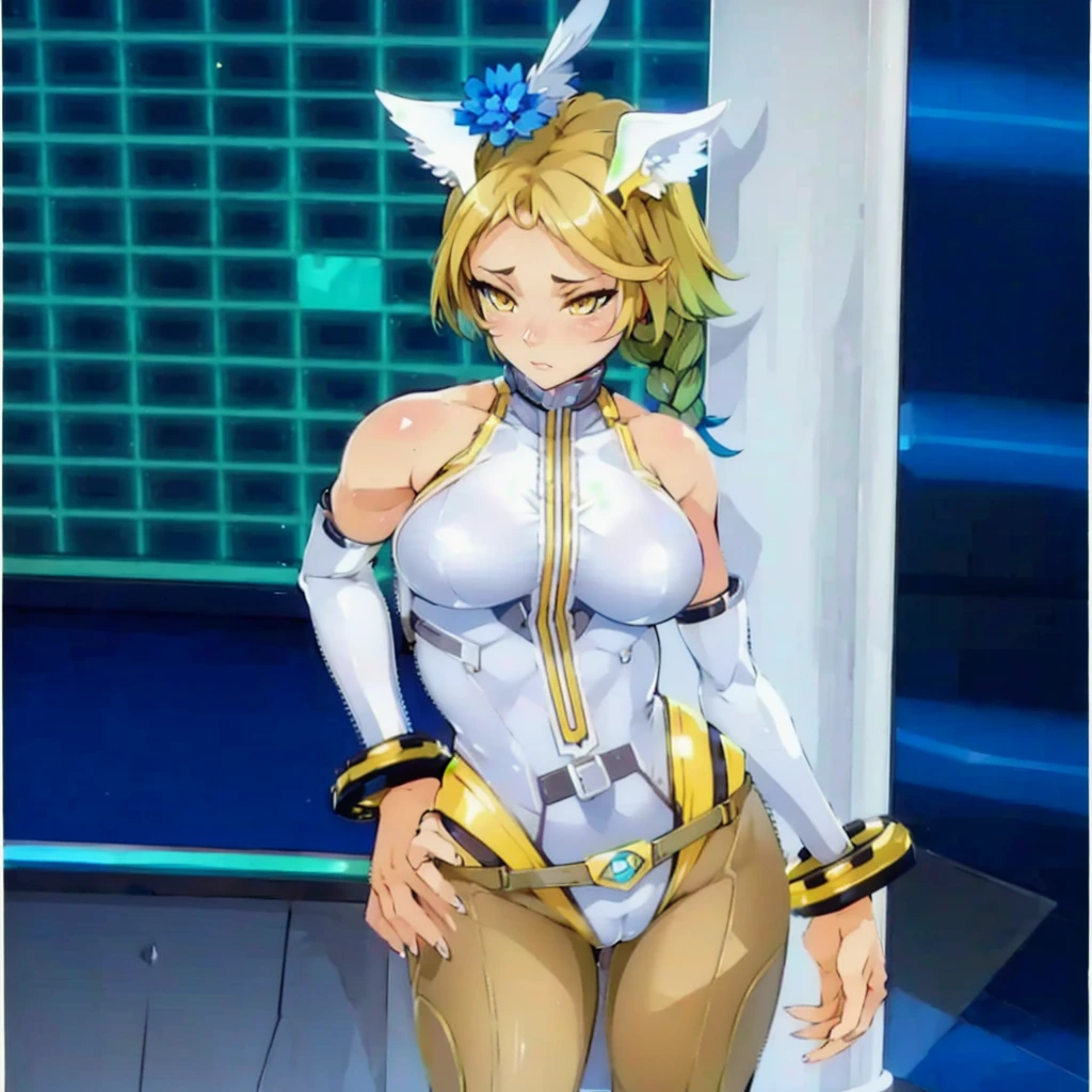 a close up of a woman in a cyber leotard suit, female, video game character, cyber suit, clothed in cyber armour, cyber fight armor, rogue anime girl, shy blush, wearing a leotard thong, highheels, fullbodyshot, model pose, chocker, cameltoe, big ass, big thighs, toned body, detailed anatomy, anatomically correct, highcut leotard, highleg leotard, colored hair, glossy lipstick, yellow eyes, highleg, g-string leotard, full body shot, high_res, high tension, stretched fabric, wedge, high_resolution, very_detailed, cameltoe, masterpiece, best quality, absurdres, highres, 4k, ray tracing, intricate details, highly detailed, big breasts, huge ass, full_body, ultra sexy, very high detail, detailed clothing, detailed textures, full body in shot, color harmony, pleasent colors, vibrant, yellow painted fingernails, yellow nailpolish, makeup, mascara, eyeliner, blue eyeshadow, detailed face, ecchi style, anime, NSFW, lewd, cameltoe, nipple outline, skintight, reflective clothing texture, long eyelashes, pretty face, white catears, looking away