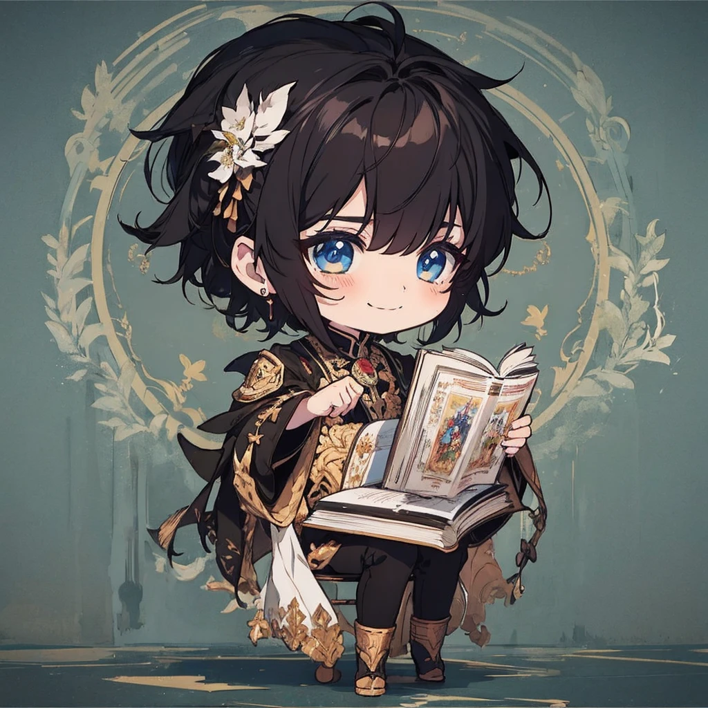 masterpiece , best quality , man , reading , chibi anime man , smile , black hair , suit , solo