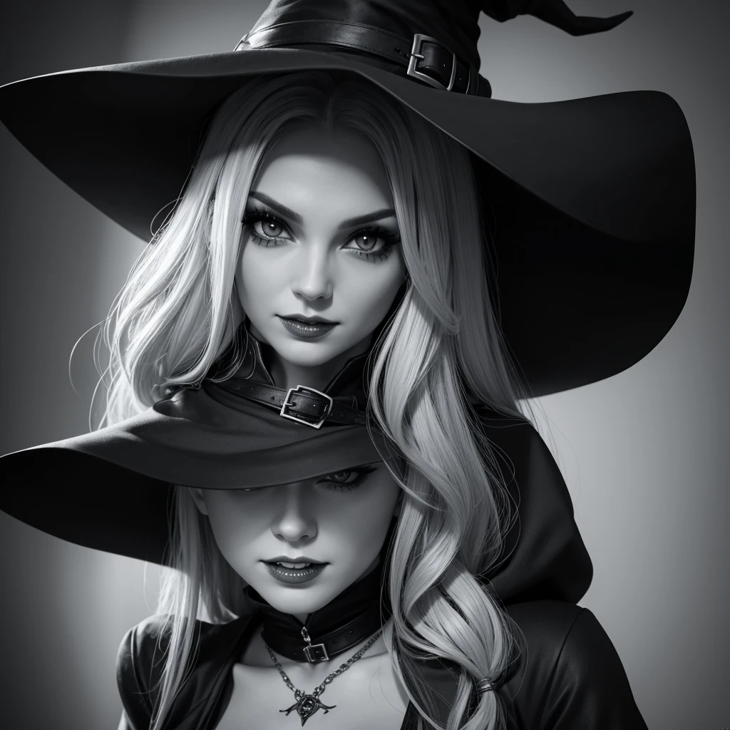 give a 4k black and white closeup of a scarry and sexy witch