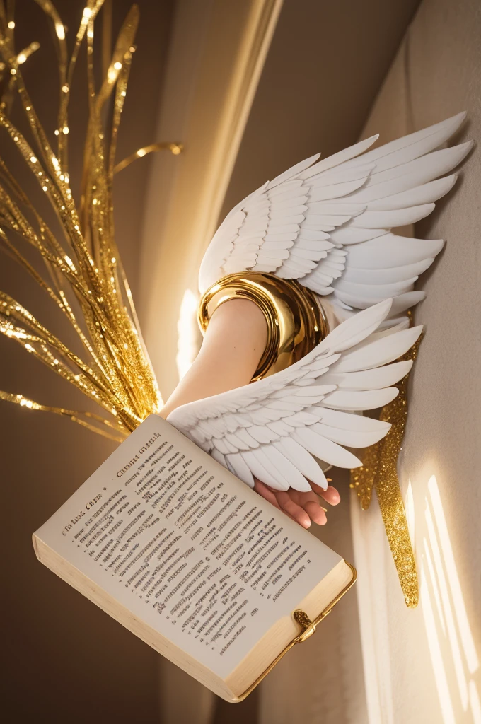 A white emotion of Inside Out with wings and a golden glitter on the back and a bible in hand