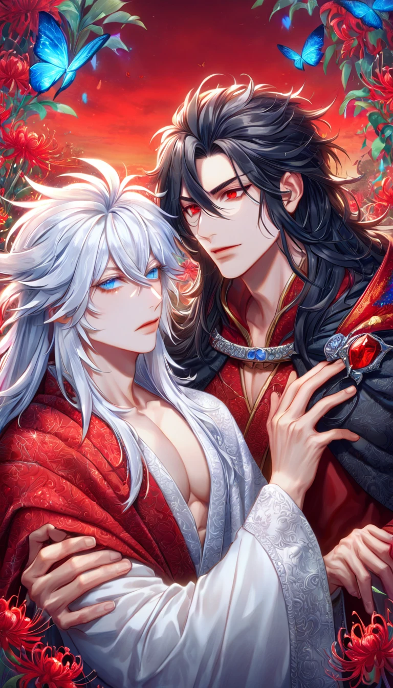 absurdres, highres, ultra detailed, HDR, master piece, best quality, extremely detailed face, delicated features, Xue Yu, untamed spiky hair, black hair, long hair, hair between the eyes, expressive red eyes, Thousand Years War, Gojou Satoru, white hair, messy hair, expressive blue eyes, two sexy men together, gay couple, yaoi, handsome, toned chest, black cape, red robes, white robes, accessories, patterns, red sky, red butterflies, red spider lilies, fantasy, magic, envy magical, garden