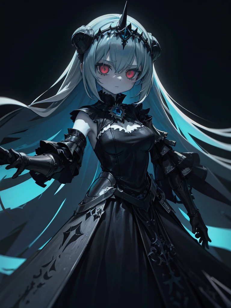 "All that remains is the hollow pride of a weathered knight."
-The Knight of Despair's Entry

The Knight of Despair (O-01-73), also known as one of the Magical Girls, is a humanoid Abnormality with the appearance of a pale skinned girl who has long blue hair with starry flecks in it. Her hair gets darker and turns to black at the ends. Her head is topped with a tiara that has three, spade shaped endings. Half of her head is black with sharp horn segments protruding out of it. The other half being her pale skin tone with a black tear on her cheek.

The upper part of her arms show her normal skin, while her forearm is covered by the black coloring. Her dress starts at her chest with a grey coloring and black spade on her breast. As it moves down, it turns to blue - and then to black at the end. There is a noticeable galaxy-like pattern in her hair and dress. A white translucent cloak comes off of her back. (Lobotomy corporation)