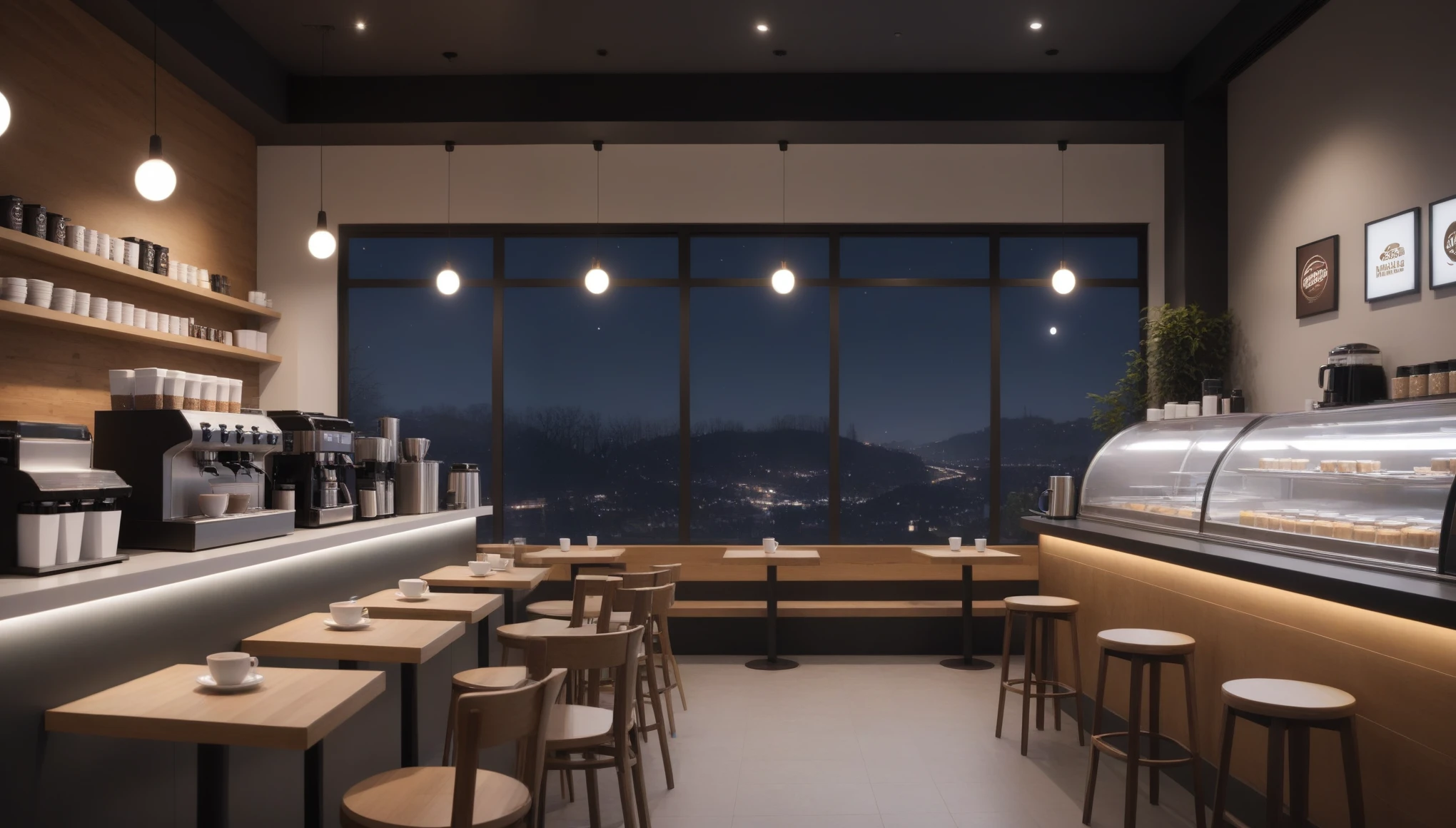 at night frontal shot coffee shop interior tables with coffee cups and a big window in the center